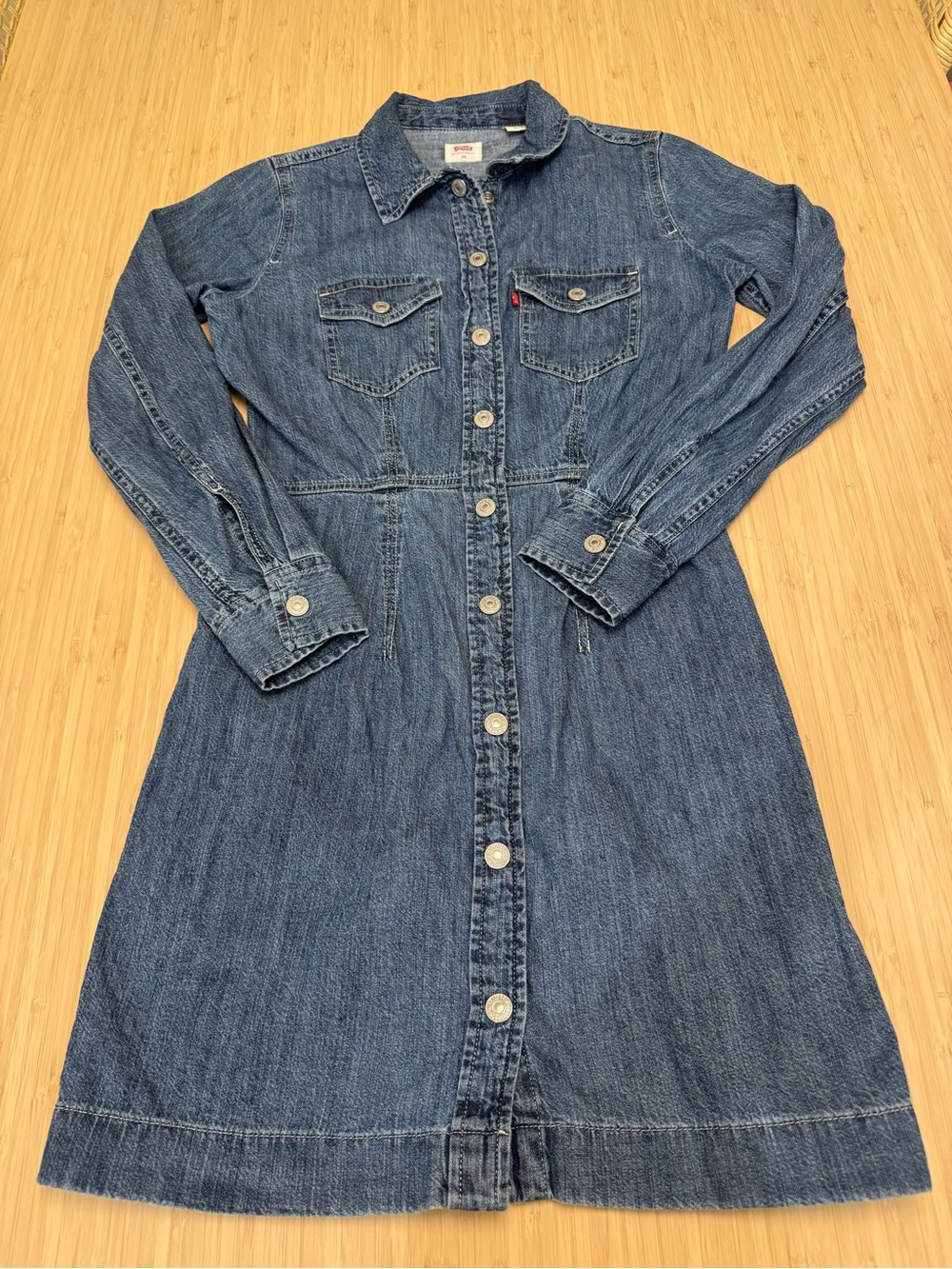 Levi's Light Blue Denim Dress with Snaps and Red Logo Tag.
